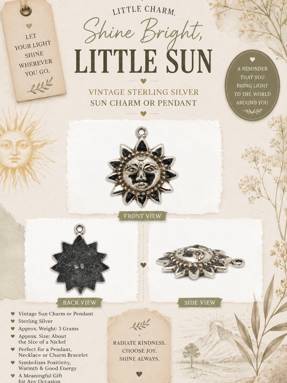 Sterling Silver Sun Charm Pendant - Silver Sunburst